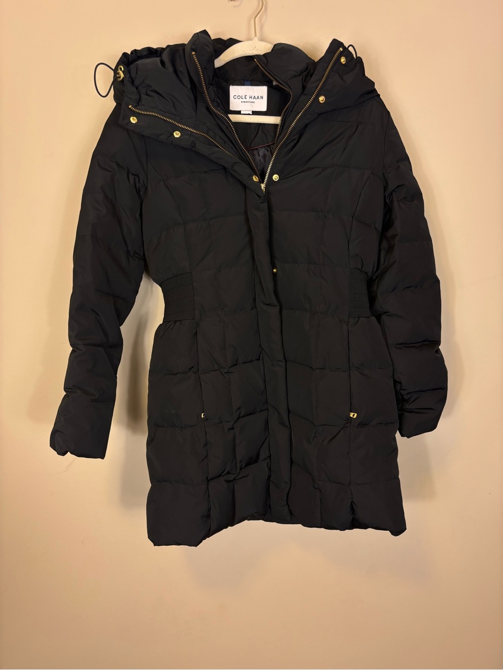 Cole Haan Black Quilted Hooded Puffer Coat with Gold Hardware Women’s Medium